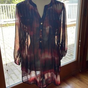 Avenue V Neck Sheer Blouse/Top  GoldTone Button Front Closure  Size  14